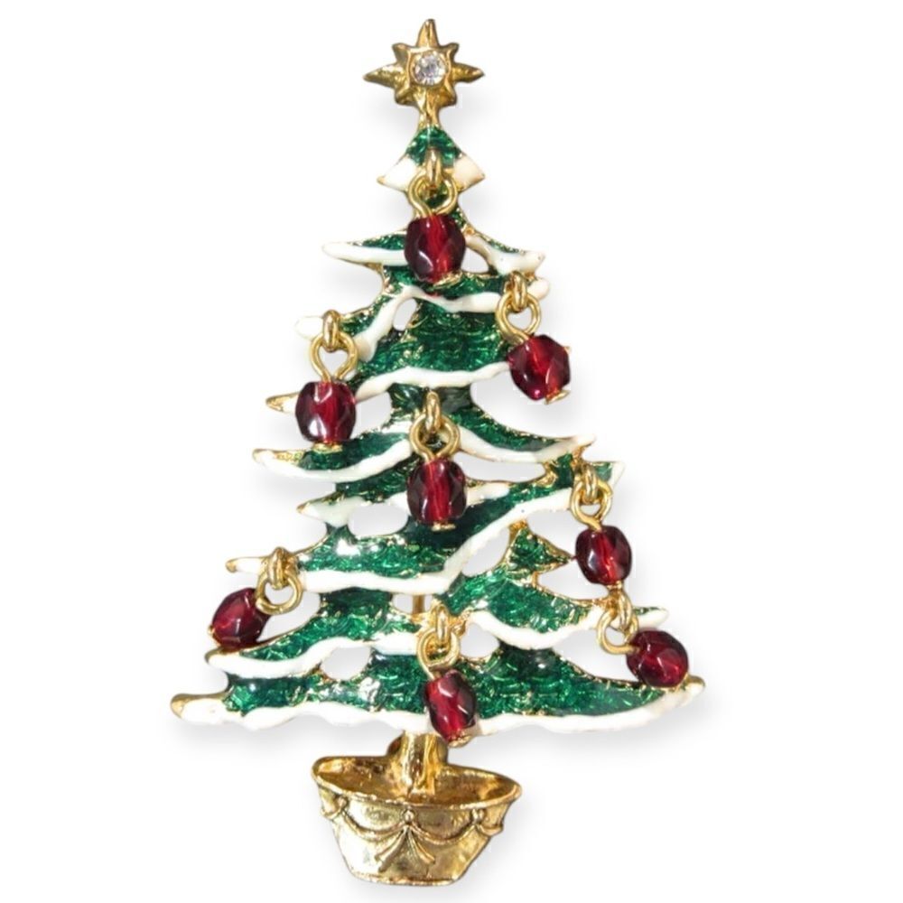 Avon Christmas Tree Brooch W/ Enamel And Dangle Ornament